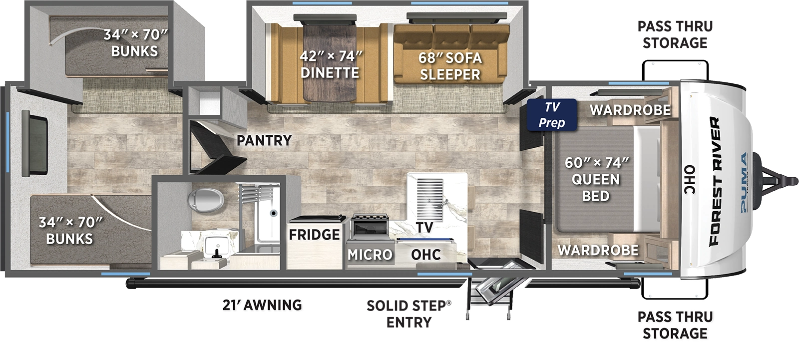 The Puma Tracks 302BHS floorplan has one entry and two slide outs. Exterior features include: fiberglass exterior and 21' awning. Interiors features include: bunk beds and front bedroom.